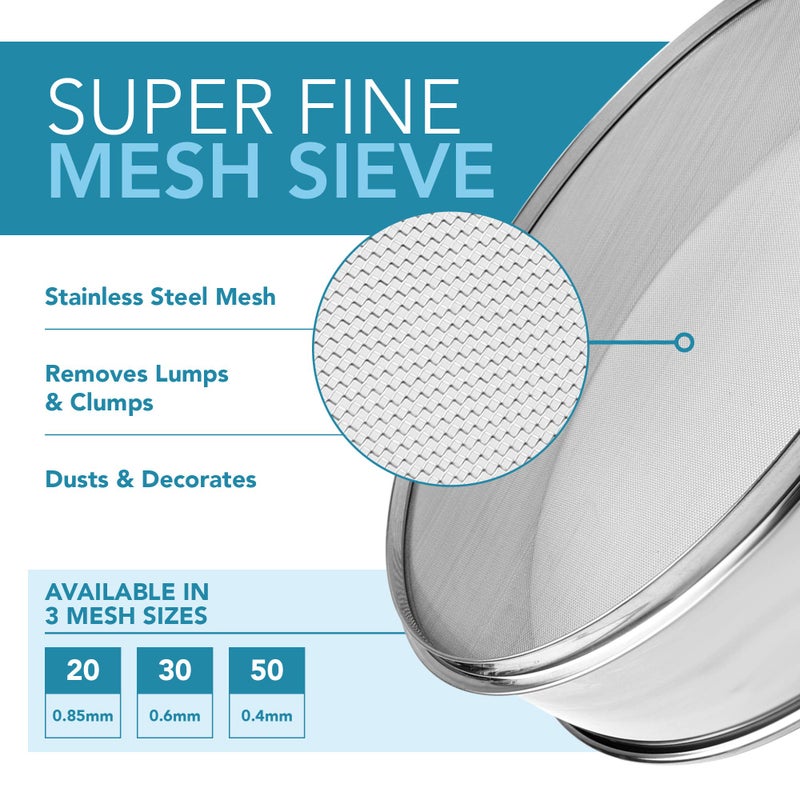 Vollum Stainless Steel Flour Sifter Fine Mesh Round Flour Sieve for Baking 12" Diameter x 2.5" High; 50 Mesh (Hole Size 0.3mm) - Image 3